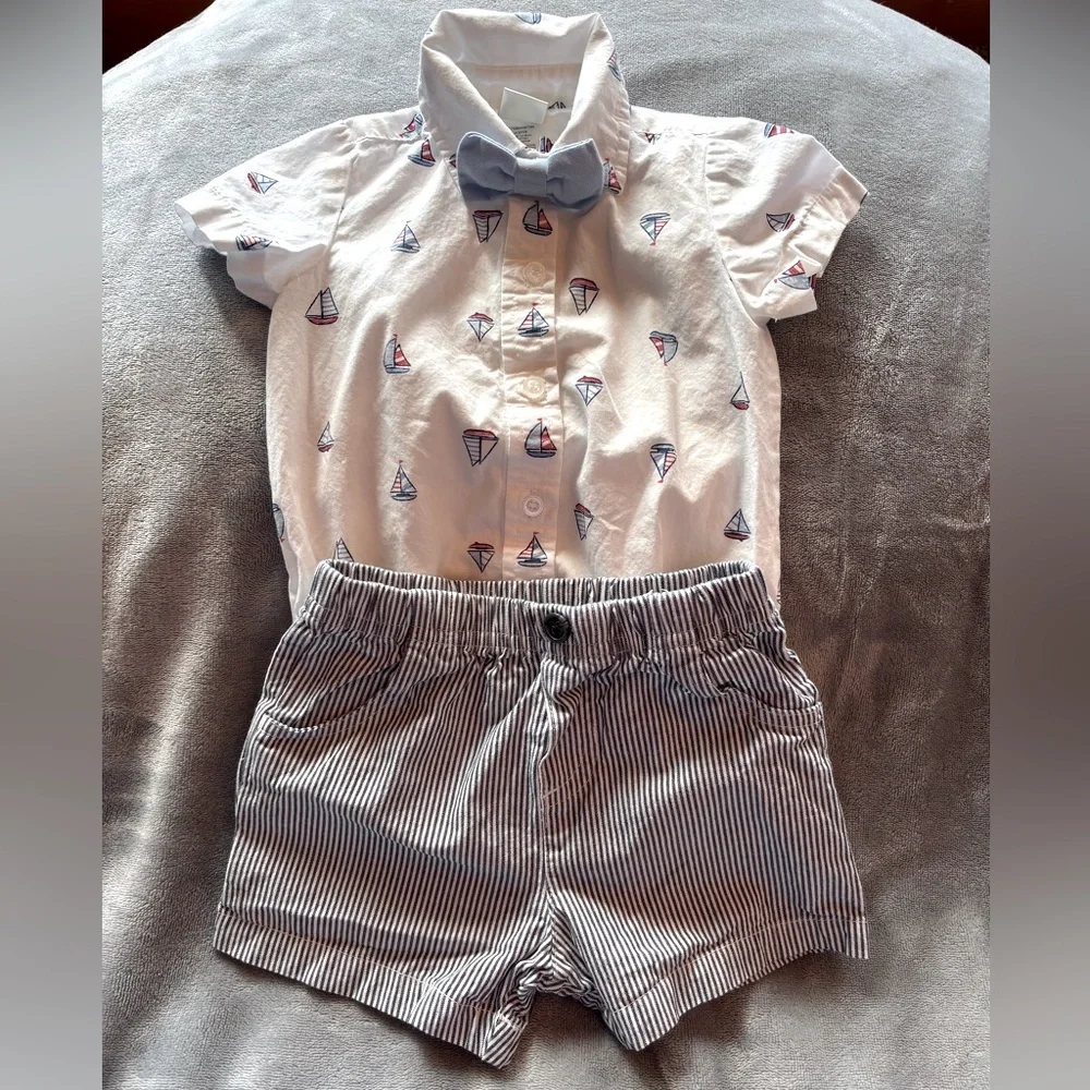 Boy’s Sailboat Print Shirt and Striped Shorts Set, size 9 mos
